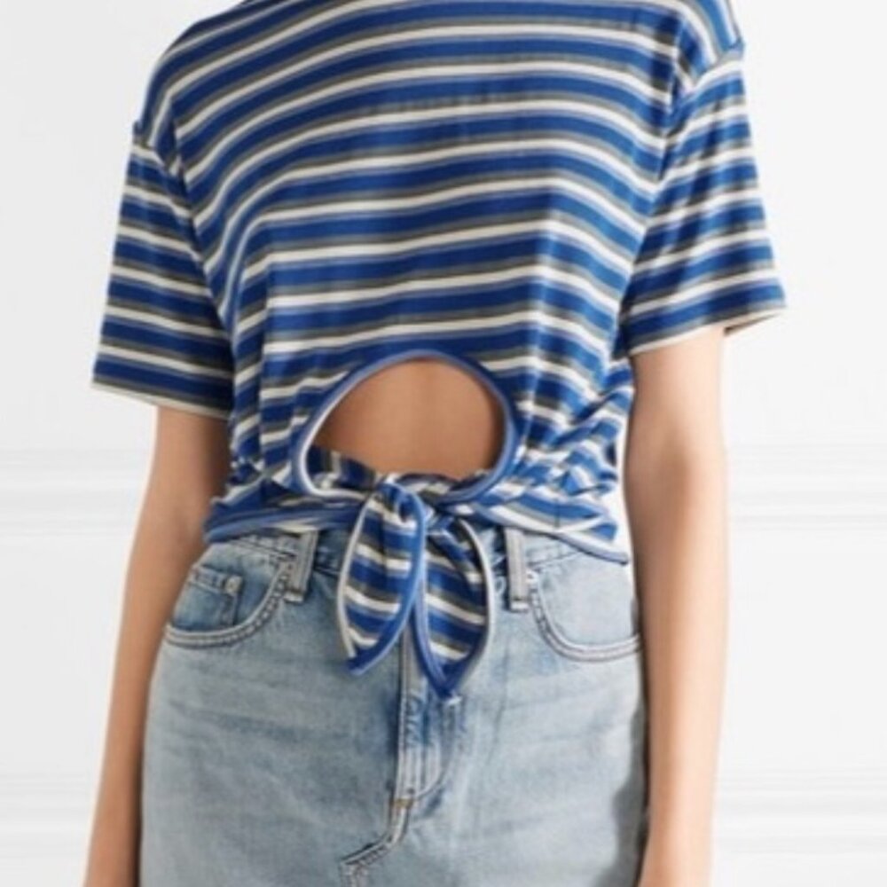 NWT $175 Opening Ceremony Tie-front Striped Ribbed-knit T-shirt - Blue Luxury